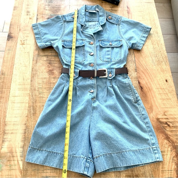 Bill Blass Vintage 90’Blue Denim Stretch Waist Pleated Romper Jumper Sz Medium - Picture 7 of 15